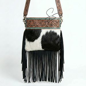 Bolso Bandolera de Cuero con Flecos de Pelo de Cabra Estilo Vaquero 2026, Bolso Cruzado de Cuero Repujado Turquesa para Mujer, Bolso Rústico de Vaquera - Product Image 1