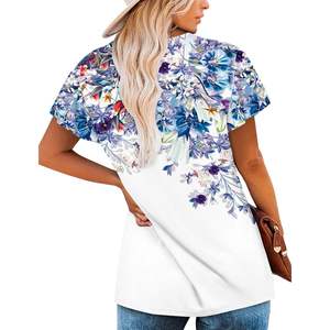 2025 <b>Women's</b> Summer Tunic <b>Tops</b> <b>V</b>-<b>Neck</b> Blouses with Floral Purple Pattern XL Size Loose Fit Short Sleeve Formal Style - Product Image 1