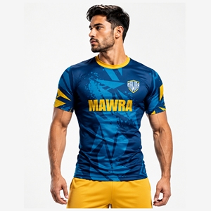 Maillot de football sublimé pour homme MAWRA, bleu et jaune, imprimé géométrique, ajusté, manches courtes, col rond, anti-humidité - Product Image 1