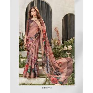 SAREE IMPRESO DIGITAL DE ALGODÓN TRADICIONAL CON BLUSA SIN COSTAR VINO - Product Image 1