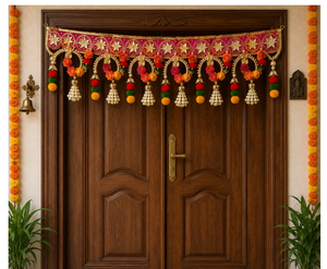 Décoration de porte traditionnelle en tissu avec pompons et motifs floraux pour l'entrée intérieure de Diwali, multicolore, forme irrégulière - Product Image 6