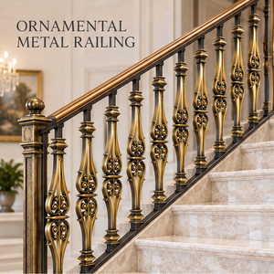 Rampe d'escalier ornementale en bronze sculpté avec balustres ajourés en forme de goutte d'eau pour villas, hôtels et grands intérieurs - Product Image 3