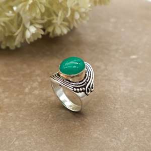 Handmade Vintage Natural Green Onyx Statement <b>Ring</b> Brass 925 Silver Plated <b>Adjustable</b> Band Boho & Hippie Style Unisex - Product Image 2