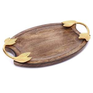 Oval Wooden Serving <b>Tray</b> with Golden Aluminum Handles Decorative Functional Serving Platter for Home <b>Kitchen</b> Dining - Product Image 3