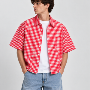 Men's Red White Checkered Gingham <b>Shirt</b> <b>Short</b> <b>Sleeve</b> Casual <b>Button</b> <b>Up</b> Boxy Fit Wholesale Custom - Product Image 3