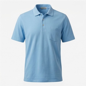 Polo en piqué bleu clair à manches courtes pour homme avec poche, décontracté, respirant, tricoté, design uni, coupe classique - Product Image 1