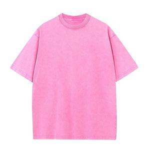 Camiseta de manga corta rosa lisa para hombre, 100% algodón, lavado ácido, cuello redondo, tejido holgado, estilo urbano, personalizada - Product Image 1