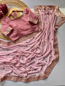 Sari Étnico para Mujer al por Mayor, Georgette Pesado con Lentejuelas de 5mm, Bordado Butti, Borde con Espejos, Sari Tradicional de Bollywood para Fiesta con Blusa - Product Image 4