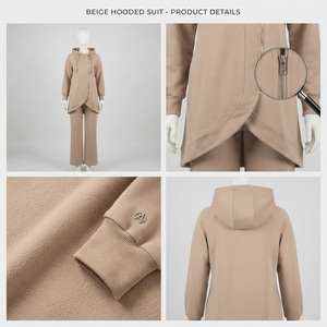REDDITO Women Autumn Embroidery Hooded Long Sleeve Fleece Islamic Tracksuit Set Regular Fit Solid Color Casual Wear Knee Length - Product Image 4