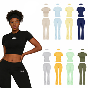Ensembles pour femmes avec logo personnalisé, ensemble deux pièces, haut à manches courtes et pantalon long avec bandeau, ensembles de vêtements de sport décontractés de couleur unie pour femmes - Product Image 2