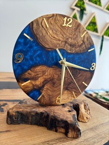 Olive Wood & Blue Resin Desk <b>Clock</b> Handmade Modern Decor - Product Image 3
