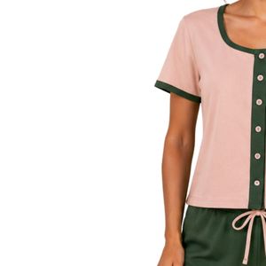 Blush And Forest Green Women Two Piece Shorts Set Round Neck Button <b>Top</b> Minimal Embroidery Casual Summer Cotton Lounge Wear - Product Image 3