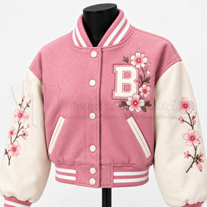 <b>Women</b>’s Pink Cropped Varsity <b>Jacket</b> With Floral Embroidery Letterman Bomber <b>Jacket</b> Custom Streetwear - Product Image 6
