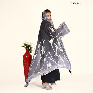 Chiffon Leaf Printed Open Front Abaya Style <b>Shrug</b> with Hood Border Panel Modest Wear Full Length Elegant Flow Silhouette - Product Image 2