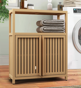 Trendy Wood <b>Storage</b> Cabinet Minimalist Batten Door Open <b>Shelf</b> Floor Standing <b>Cupboard</b> Stand <b>Shelf</b> <b>for</b> Modern Home Office - Product Image 4