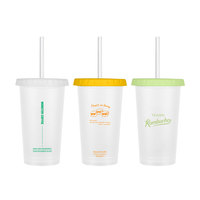 Gobelet isotherme réutilisable en plastique fantaisie 500 ml avec logo personnalisé, couvercle plat, tasse à glace en PP et paille, tasse à café