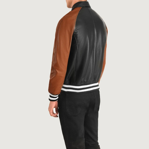 <b>Men's</b> Black and Brown <b>Leather</b> Bomber <b>Jacket</b> Turn-down Collar Zipper Closure Regular Fit Autumn Wear - Product Image 3