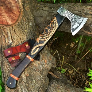 Handmade Viking Bearded Axe with Engraved Carbon Steel Head, Carved Wooden Handle and Leather Grip <b>Wrap</b>, Bushcraft Camping - Product Image 1