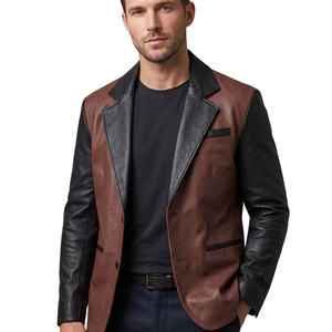 Chaqueta de Cuero Genuino Marrón para Hombre, Marca Leather Cult, Mangas Negras, Cierre de un Botón, Corte Entallado, Estilo Casual Elegante - Product Image 5