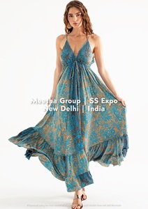 เดรสแม็กซี่สำหรับผู้หญิง ทรงโบโฮ แขนกุด คอวี เปิดหลัง ทรงพลิ้วไหว ชุดเดรสชายหาดฤดูร้อนแบบยาว แต่งระบายชายกระโปรง คละสี - Product Image 2