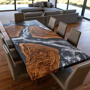 Mesa de Comedor Moderna Hecha a Mano con Tablero de Fresno Duradero y Resina Epoxi Azul, Base Trapezoidal para Uso en Hoteles y Almacenes - Product Image 5