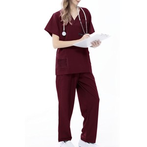 Conjunto de uniforme médico unisex Harry Johnson color borgoña: blusa con cuello en V y pantalones con cordón y bolsillos, con detección de agujas y fusión sin costuras. - Product Image 4