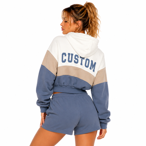 100% Cotton Fleece Tracksuit Set Color Block <b>Cropped</b> <b>Zip</b> <b>Up</b> Hoodies Drawstring Sweat Shorts Custom Embroidery Women Two Piece - Product Image 2