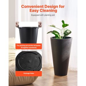 Ensemble de 2 jardinières noires de 24 pouces de hauteur, grandes jardinières pour fleurs et plantes, pour l'extérieur et l'intérieur, pour la véranda et le patio - Product Image 2