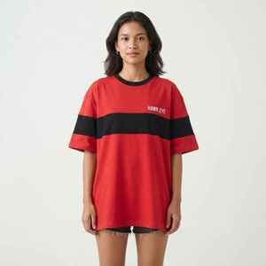 Women's Red <b>Black</b> Color Block <b>T</b>-<b>Shirt</b> Short <b>Sleeve</b> O-Neck Loose Fit Casual 100% Cotton Breathable Custom Logo Spring wear - Product Image 3