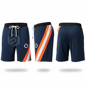 Men's Navy Blue Sport <b>Shorts</b> With Orange <b>White</b> Side Stripe Drawstring Waist Quick Dry Athletic Wear - Product Image 1