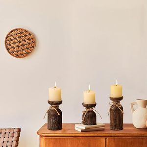 Rustic Distressed Wooden Pillar Candle <b>Holder</b> Set Farmhouse Decorative Candle Stand Home Table Centerpiece - Product Image 5