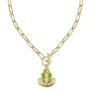 Gold Shield Pendant Toggle <b>Necklace</b> with Green Enamel Detail Link Chain Decorative Crest Charm Women Fashion Jewelry <b>Statement</b> - Product Image 2