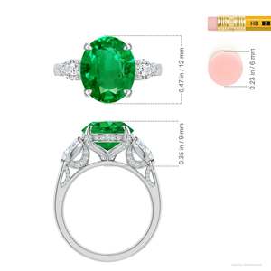 Bague de fiançailles en or massif 14 carats avec émeraude ovale et diamant poire sur le côté, trois pierres, faite à la main, bijoux fins personnalisés, mariage - Product Image 1