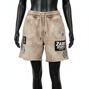 Shorts en molleton de coton premium 320 GSM, beige délavé, avec broderie de patch en chenille et logo personnalisé - Product Image 6