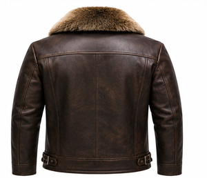 Veste en cuir véritable marron pour homme avec doublure en fausse fourrure, fermeture éclair, style motard, vêtement d'hiver - Product Image 6