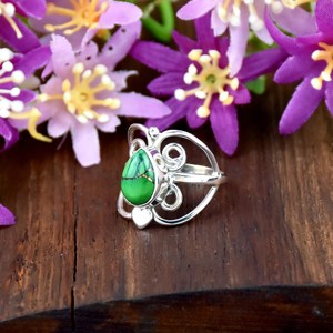 Anillo de Plata de Ley 925 con Gema de Turquesa Verde Cobre en Forma de Lágrima, Diseño en Espiral, Joyería de Filigrana, Anillo Moderno para Regalo - Product Image 3