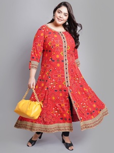 Red Bandhej <b>Print</b> Rayon Anarkali Kurti With Round Neck And Three Quarter Sleeves For Plus Size Women's Fashion - Product Image 6