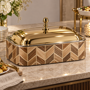 Casserole rectangulaire en bois de luxe avec couvercle en acier inoxydable doré - Product Image 3