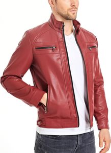 <b>Men</b> Red PU <b>Leather</b> Moto Biker <b>Jacket</b> Zipper Front Stand Collar Slim Fit Solid Color Regular Sleeve Autumn Style - Product Image 5