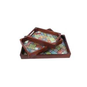 Handmade Wooden <b>Serving</b> Tray <b>Set</b> with Mosaic Tile Print | Decorative Nesting Trays for Home Decor & Kitchen Rustic Ottoman Tray - Product Image 1