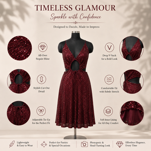 Burgundy <b>Sequin</b> Cocktail Dress Women Deep V Neck Cut Out Tie Waist Sleeveless Midi Party Evening Prom Wedding Guest Sparkling - Product Image 5