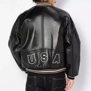 Blouson aviateur en cuir véritable noir pour homme, col rabattu, fermeture éclair, longueur normale, couleur unie, style motard, automne - Product Image 2