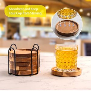 Handmade Acacia Wood <b>Drink</b> <b>Coaster</b> Set with Metal Holder Round Wooden <b>Coasters</b> with Cork Top Rustic Beverage <b>Coasters</b> for Coffee - Product Image 4
