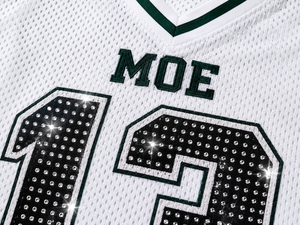 Y2K Bling Crop <b>Top</b> <b>White</b> Mesh <b>Embellished</b> Crystal Number Streetwear Women American Football Jersey Custom Logo ODM OEM Factory - Product Image 6