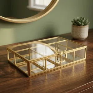 Gold Metal Glass Storage Box With Dividers For <b>Jewelry</b> <b>Organizers</b> - Product Image 2