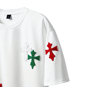 <b>Mens</b> White Crew Neck Short Sleeve T-<b>Shirt</b> Front <b>Sequin</b> Embroidered Cross Patches Casual Streetwear Jersey 240g Loose Fit - Product Image 3