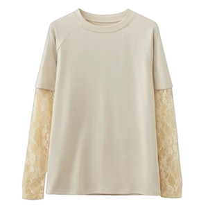 T-shirt à manches longues et col rond pour femme avec manches en dentelle, couleur unie, haut décontracté, vêtement d'automne, tissu tricoté respirant - Product Image 2