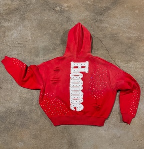 Sweat-shirt à capuche zippé rouge pour homme, imprimé palmiers et strass, en molleton bouclette, coupe oversize, décontracté, pour l'été - Product Image 2