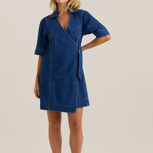 Classic Blue Wash Denim Wrap Dress Machine Stitched Comfortable Fitted Denim Wrap Denim Jeans V-Neck Casual Dresses In Low MOQ - Product Image 1