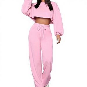 Ensemble de jogging pour femme personnalisé, court, uni, en toile, streetwear, 2 pièces, 100% coton, respirant, écologique, coupe ample, manches longues - Product Image 1